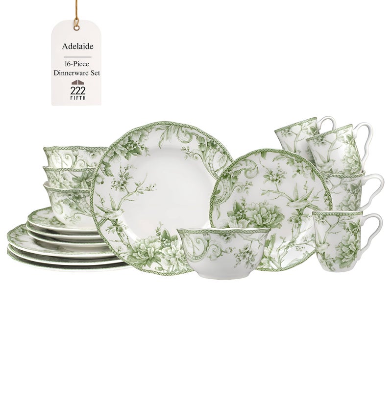222 Fifth Adelaide Moss 16-Piece Porcelain Dinnerware Set – Service for 4, Big Dinner Plates and Bowls Sets with Mugs, Hand-Applied Decal, Microwave & Dishwasher Safe, for Everyday Entertainment - Image 1
