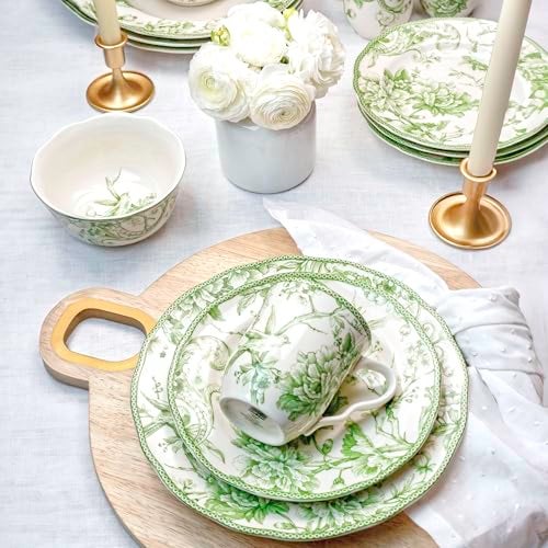 222 Fifth Adelaide Moss 16-Piece Porcelain Dinnerware Set – Service for 4, Big Dinner Plates and Bowls Sets with Mugs, Hand-Applied Decal, Microwave & Dishwasher Safe, for Everyday Entertainment - Image 3