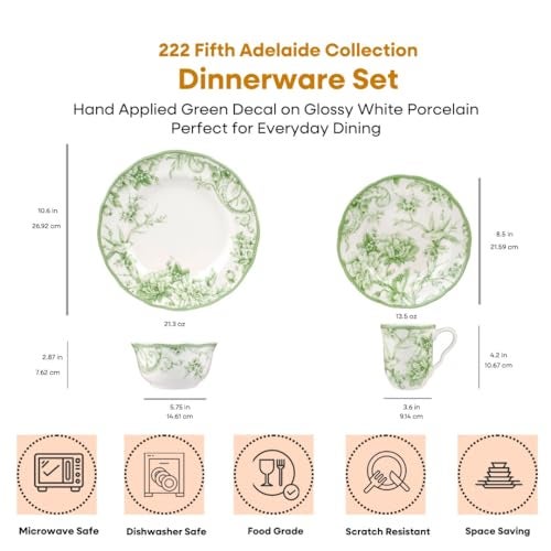 222 Fifth Adelaide Moss 16-Piece Porcelain Dinnerware Set – Service for 4, Big Dinner Plates and Bowls Sets with Mugs, Hand-Applied Decal, Microwave & Dishwasher Safe, for Everyday Entertainment - Image 2