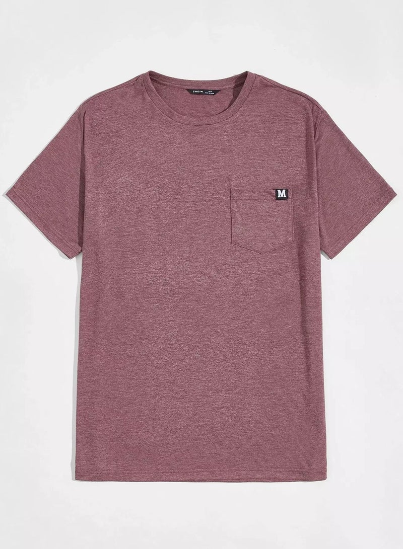 Men Letter Patched Pocket Front Marled Knit Tee  - Image 1