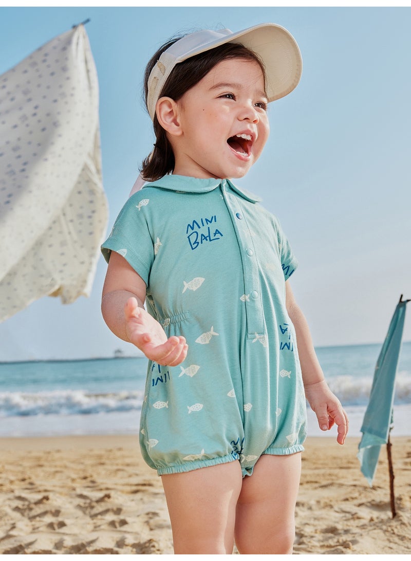 ميني بالا رومبير أطفال كاجوال بأكمام قصيرة للجنسين، مطبوع عليه سمكة رائعة، نسيج ناعم للغاية يسمح بمرور الهواء، ياقة بيتر بان، خصر مطاطي، إغلاق سريع ومريح، رائع للشاطئ والاستخدام اليومي - Image 2