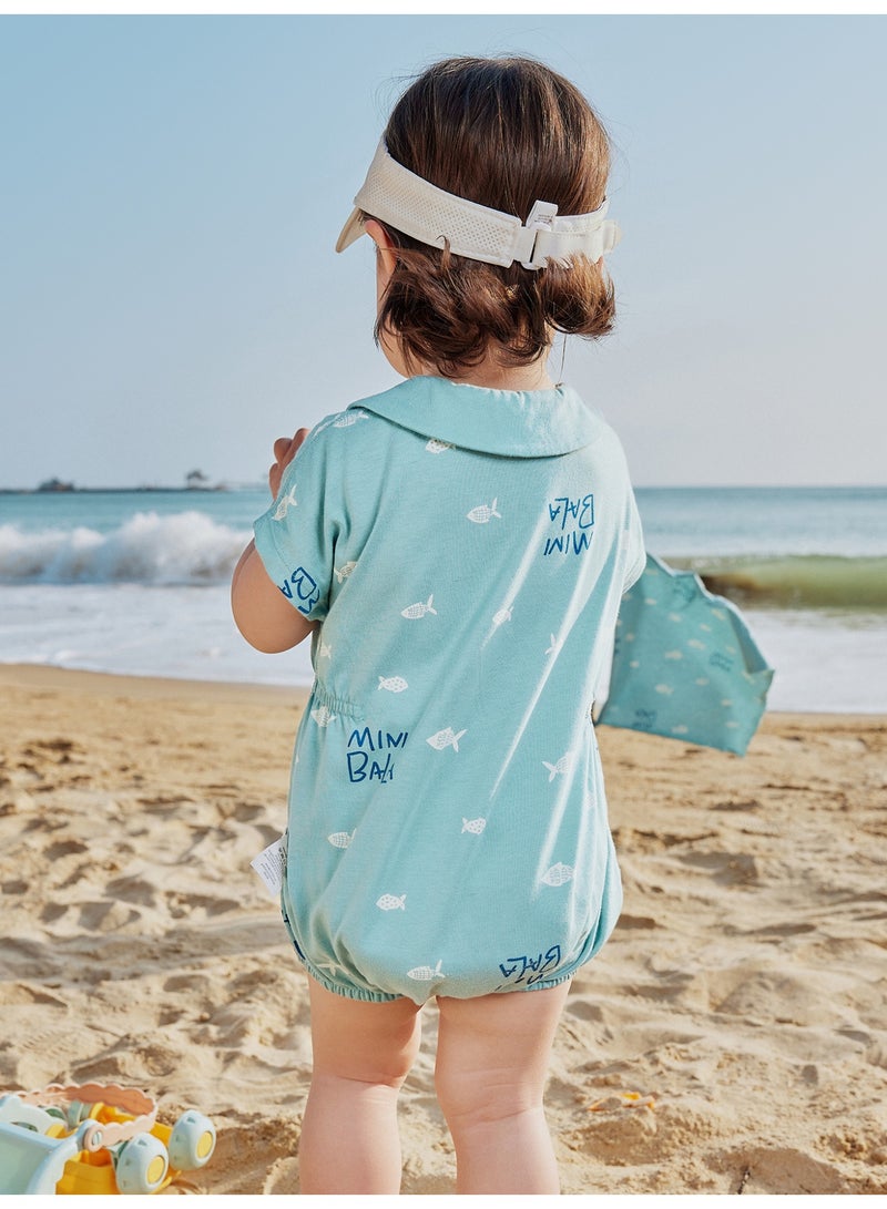 ميني بالا رومبير أطفال كاجوال بأكمام قصيرة للجنسين، مطبوع عليه سمكة رائعة، نسيج ناعم للغاية يسمح بمرور الهواء، ياقة بيتر بان، خصر مطاطي، إغلاق سريع ومريح، رائع للشاطئ والاستخدام اليومي - Image 3