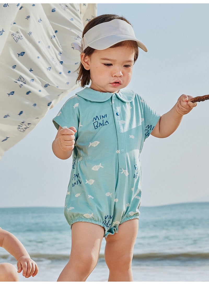ميني بالا رومبير أطفال كاجوال بأكمام قصيرة للجنسين، مطبوع عليه سمكة رائعة، نسيج ناعم للغاية يسمح بمرور الهواء، ياقة بيتر بان، خصر مطاطي، إغلاق سريع ومريح، رائع للشاطئ والاستخدام اليومي - Image 1