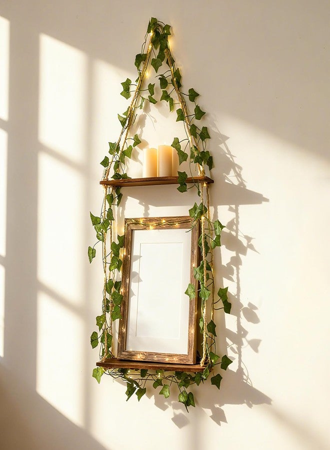 Artilady Artificial Ivy Macrame Hanging Shelves 3 Tier with Lights Boho Wall Decor, Rustic Wood Flaoting Shelf Plant Storage Rack for Bedroom Bathroom Living Room Nursery - Image 1
