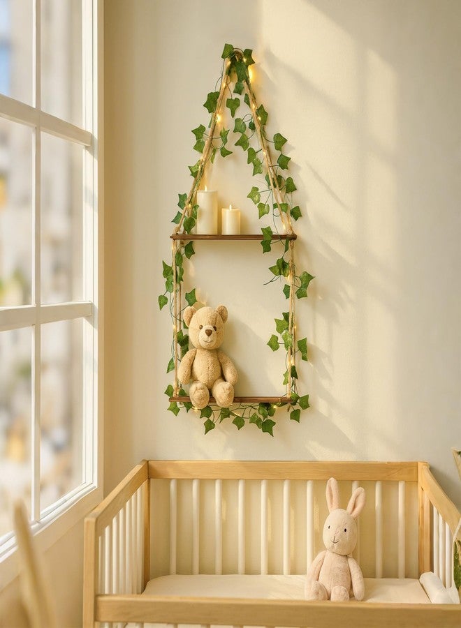 Artilady Artificial Ivy Macrame Hanging Shelves 3 Tier with Lights Boho Wall Decor, Rustic Wood Flaoting Shelf Plant Storage Rack for Bedroom Bathroom Living Room Nursery - Image 2