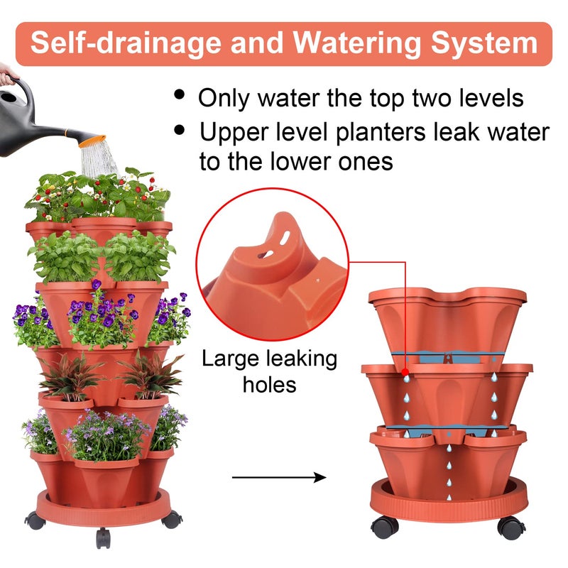 GameXcel Vertical Planter Tower - 5 Tier Stackable Garden Planters with Wheels and Tools Plant Pots for Strawberry Herb Flower and Vegetable Indoor Outdoor Use Red - Image 5