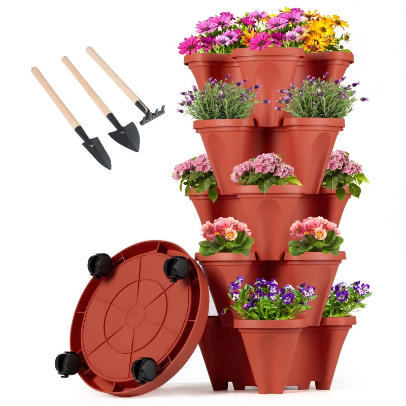 GameXcel Vertical Planter Tower - 5 Tier Stackable Garden Planters with Wheels and Tools Plant Pots for Strawberry Herb Flower and Vegetable Indoor Outdoor Use Red - Image 1
