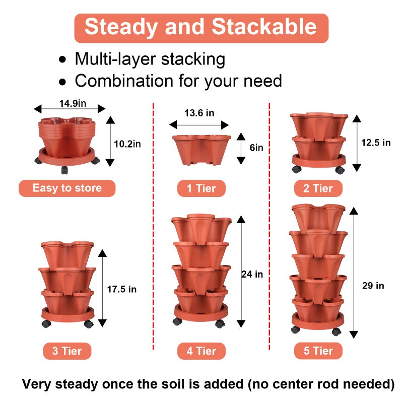 GameXcel Vertical Planter Tower - 5 Tier Stackable Garden Planters with Wheels and Tools Plant Pots for Strawberry Herb Flower and Vegetable Indoor Outdoor Use Red - Image 2
