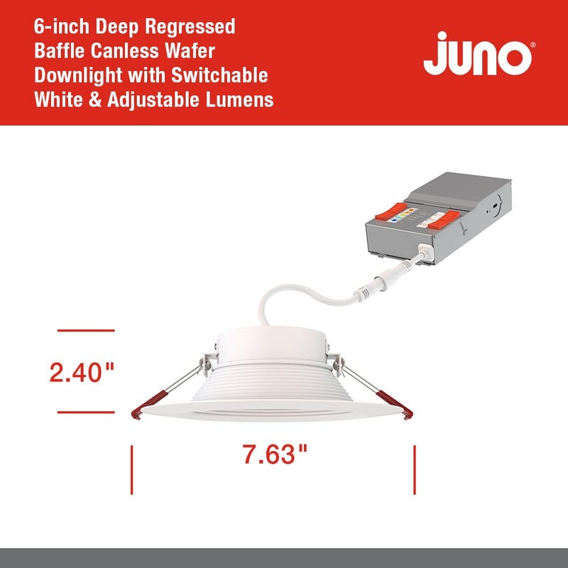 Juno LED Recessed Lights 6 Inch Round Wafer Downlight, 5-in-1 Switchable White Color Temperature, Adjustable Brightness, Deep Regressed Baffled Trim, 6-Inch, Matte White, 6-Pack - Image 5