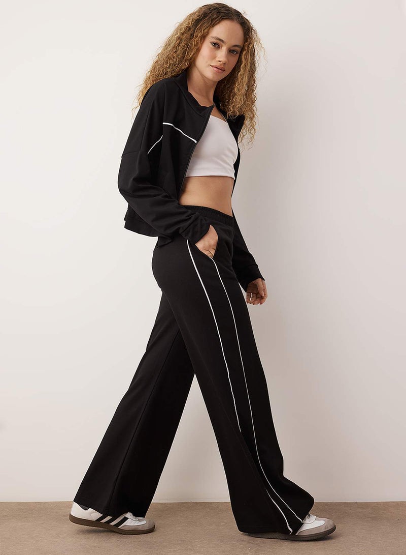 trendyol Black Ribbed Wide Leg/Flared Knitted Sports Sweatpants - Image 2