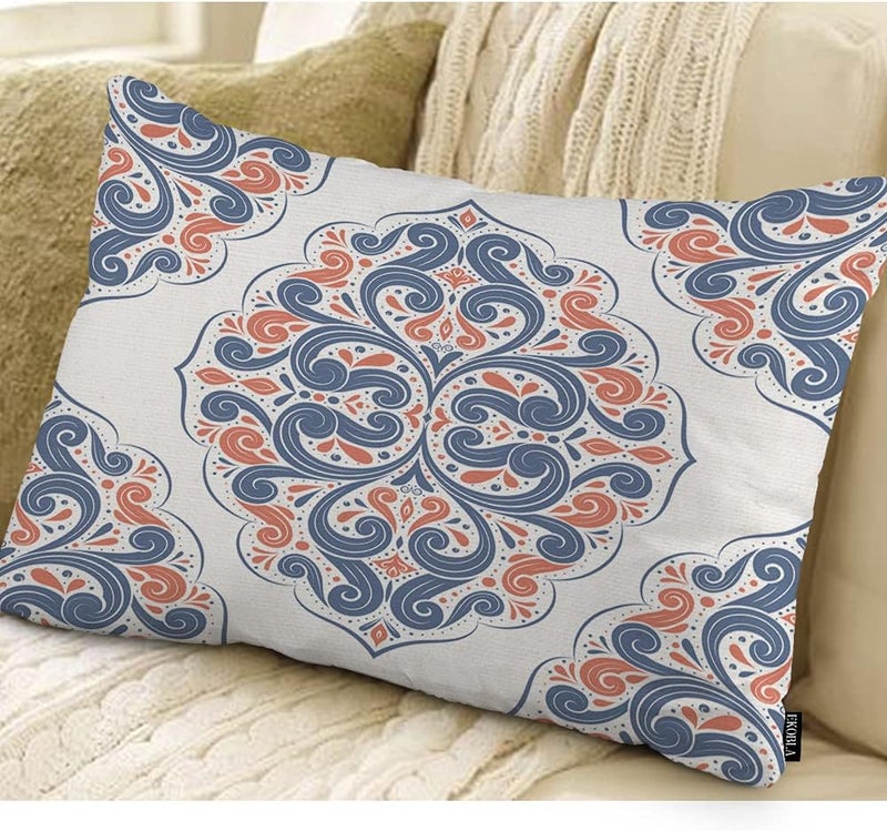 EKOBLA Mandala Orange Farmhouse Oblong Rectangle Throw Pillow Covers Blue Aztec Ornamental Vintage Paisley Square Decorative Cushion Case for Couch Sofa Chair Bed Cotton Linen 12x20 Inch - Image 2