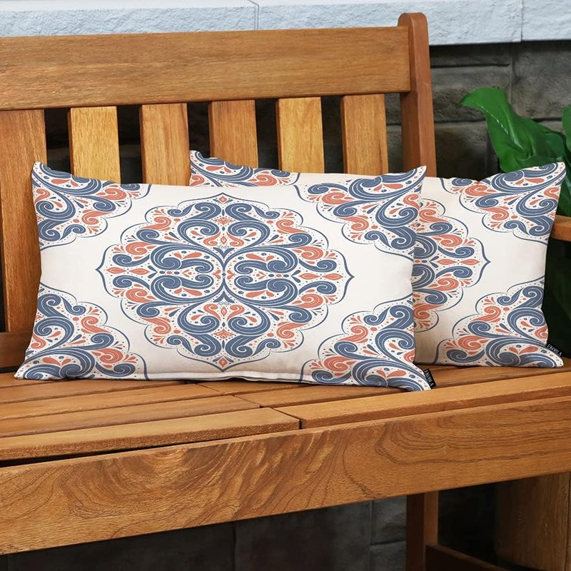 EKOBLA Mandala Orange Farmhouse Oblong Rectangle Throw Pillow Covers Blue Aztec Ornamental Vintage Paisley Square Decorative Cushion Case for Couch Sofa Chair Bed Cotton Linen 12x20 Inch - Image 3