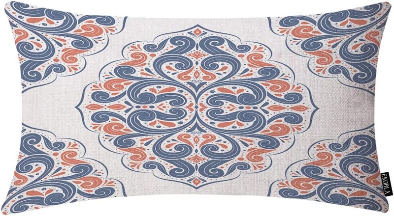 EKOBLA Mandala Orange Farmhouse Oblong Rectangle Throw Pillow Covers Blue Aztec Ornamental Vintage Paisley Square Decorative Cushion Case for Couch Sofa Chair Bed Cotton Linen 12x20 Inch - Image 1