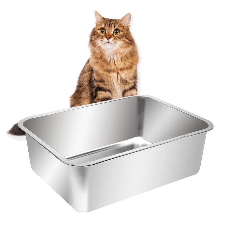 Kichwit Extra Large Stainless Steel Open Cat Litter Box with High Sides, Metal Litter Pan for Cat, 23.6 x 15.7 x 5.9 Inches - Image 1