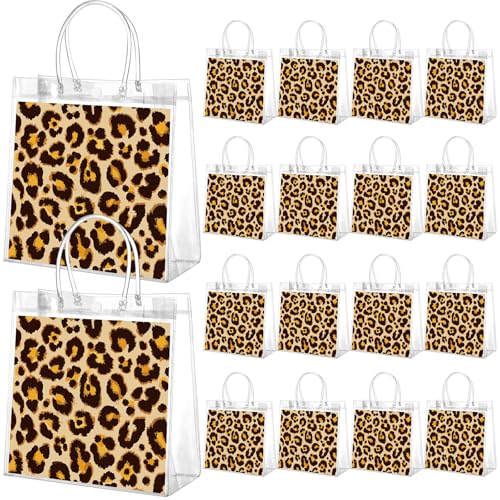 Resholder 24 Pcs Cheetah Clear Gift Bags Leopard Print PVC Treat Snack Bag with Handles Jungle Safari Party Favors for Wild Life Animal Birthday Baby Shower Decorations Supplies, 8 x 8 x 3.15 Inch - Image 1