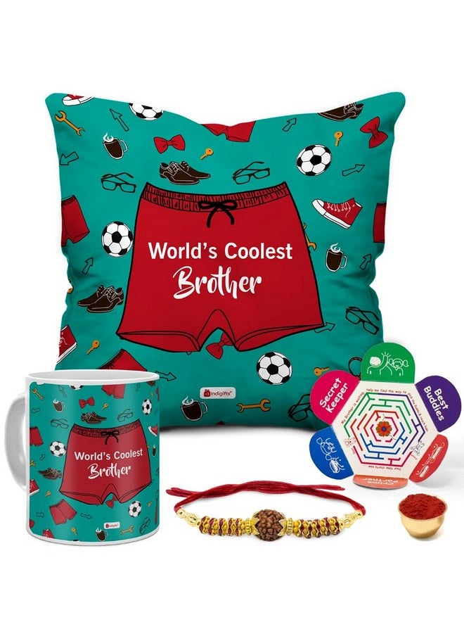 Indigifts Indigifts Raksha Bandhan Gifts for Brother World's Coolest Brother Quote Printed Cushion 12"x12" with Filler, Mug 330 ml, Rudraksha Rakhi for Brother, Roli & Greeting Card - Rakhi Gift for Brother, Rakshabandhan Gift  - Image 1