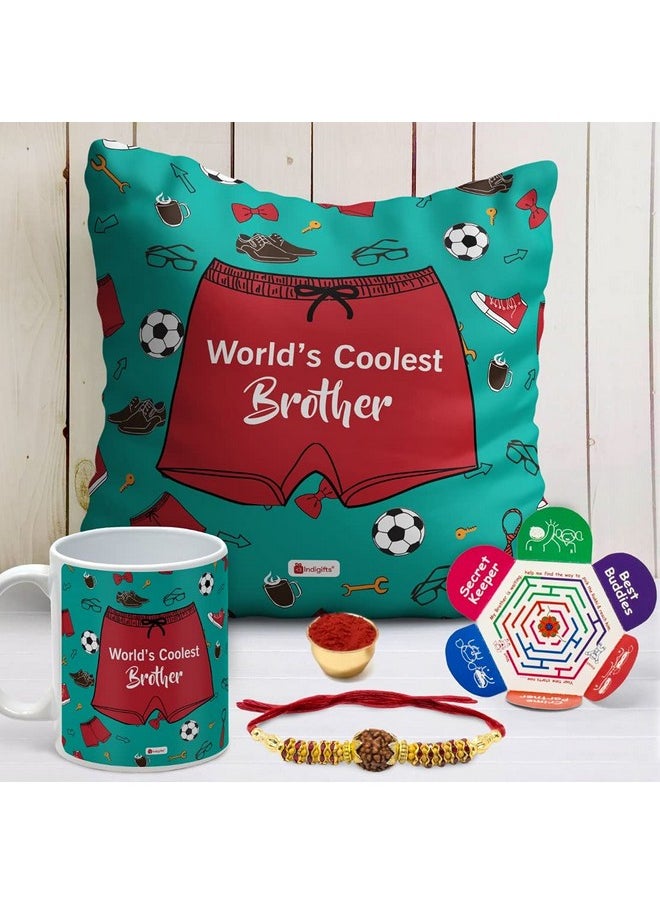 Indigifts Indigifts Raksha Bandhan Gifts for Brother World's Coolest Brother Quote Printed Cushion 12"x12" with Filler, Mug 330 ml, Rudraksha Rakhi for Brother, Roli & Greeting Card - Rakhi Gift for Brother, Rakshabandhan Gift  - Image 2
