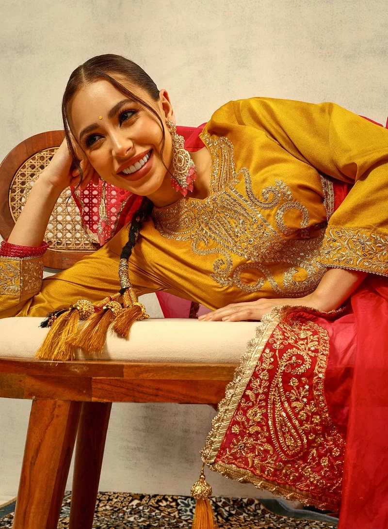 ISHIN Mustard Cording & Zari Embroidered Festive Kurta with Trouser & full width Organza Dupatta