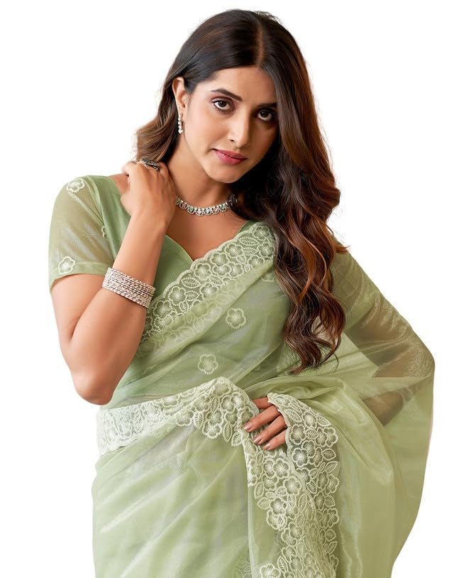 SIRIL Women's Organza Saree | Sari for Women | Embroidery Sarees With Unstitched Blouse Piece (3734S353A_Pista Green) - Image 1