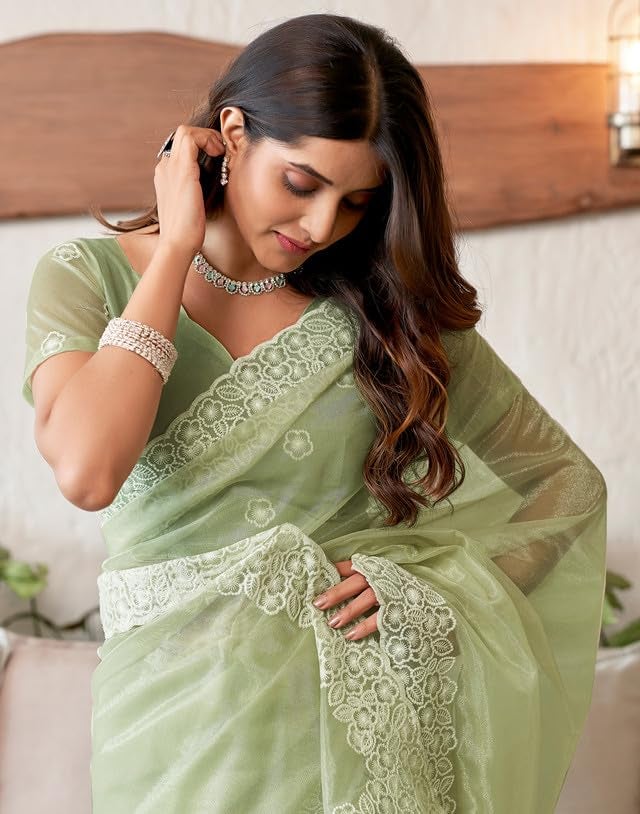 SIRIL Women's Organza Saree | Sari for Women | Embroidery Sarees With Unstitched Blouse Piece (3734S353A_Pista Green) - Image 4