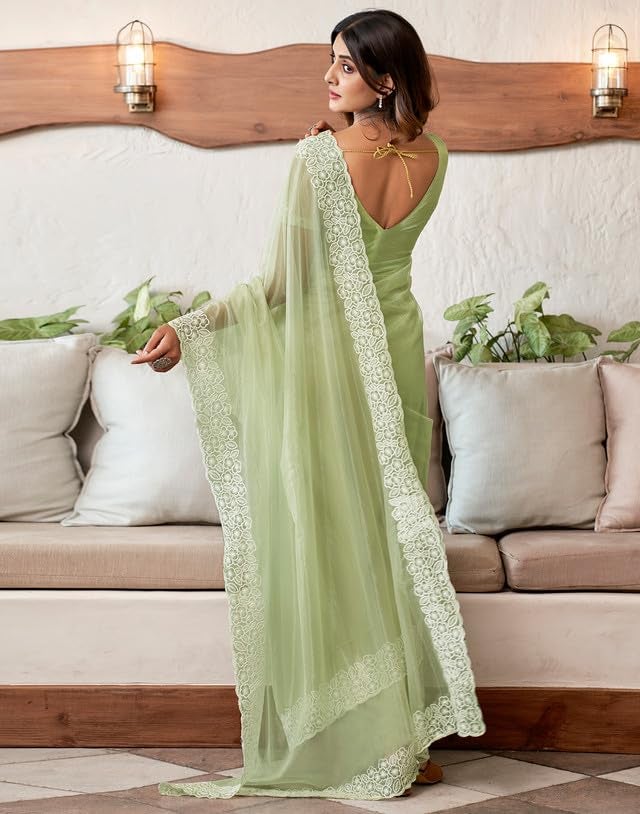SIRIL Women's Organza Saree | Sari for Women | Embroidery Sarees With Unstitched Blouse Piece (3734S353A_Pista Green) - Image 3