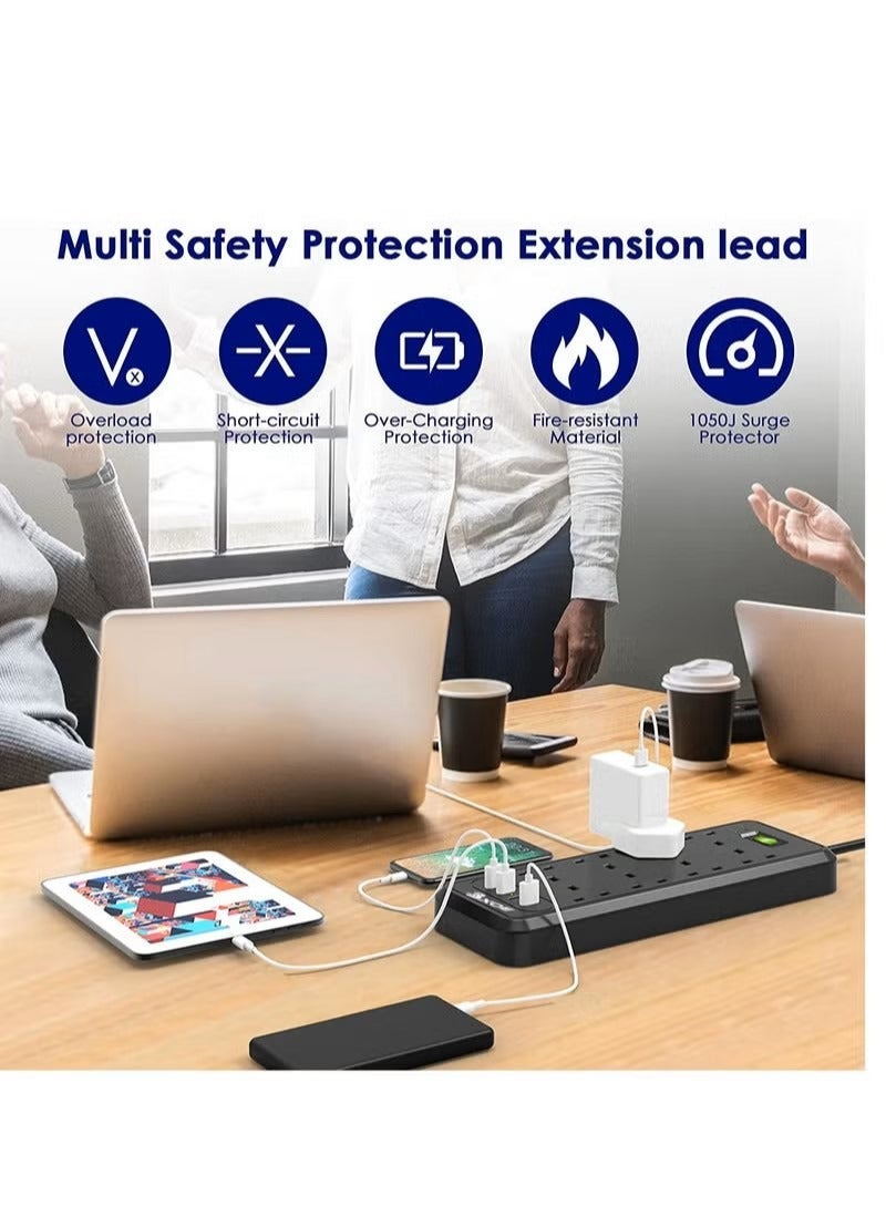 BXOE Broadonyx Surge Protected 8-Way Extension Cord with 4 USB Ports | 3M Heavy Duty Power Strip with 1050J Overload Protection | 3250W/13A Multi Plug Extension Socket – Black - Image 2