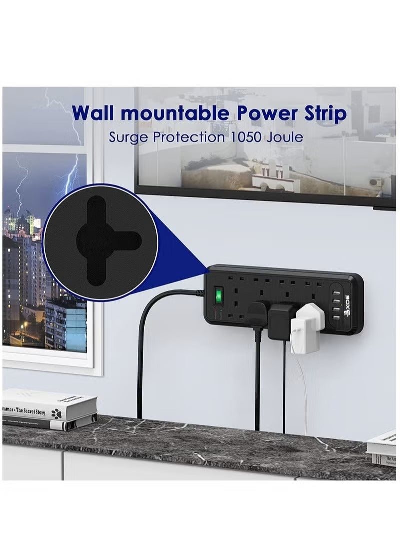 BXOE Broadonyx Surge Protected 8-Way Extension Cord with 4 USB Ports | 3M Heavy Duty Power Strip with 1050J Overload Protection | 3250W/13A Multi Plug Extension Socket – Black - Image 3