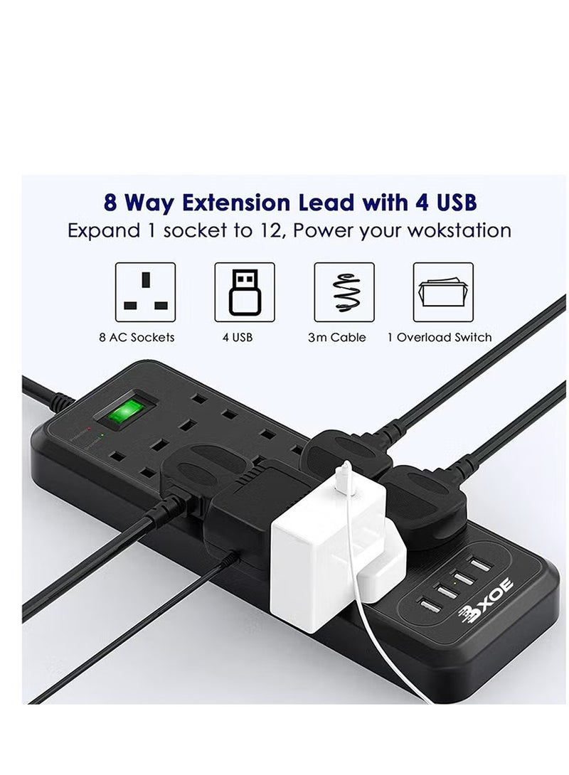 BXOE Broadonyx Surge Protected 8-Way Extension Cord with 4 USB Ports | 3M Heavy Duty Power Strip with 1050J Overload Protection | 3250W/13A Multi Plug Extension Socket – Black - Image 5
