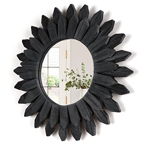 Honiway Black Wall Decor Wall Mirror 12 inch Boho Wall Decor Wood Decorative Mirror for Room Decor Home Decor for Bedroom Living Room Bathroom Kitchen Black - Image 1