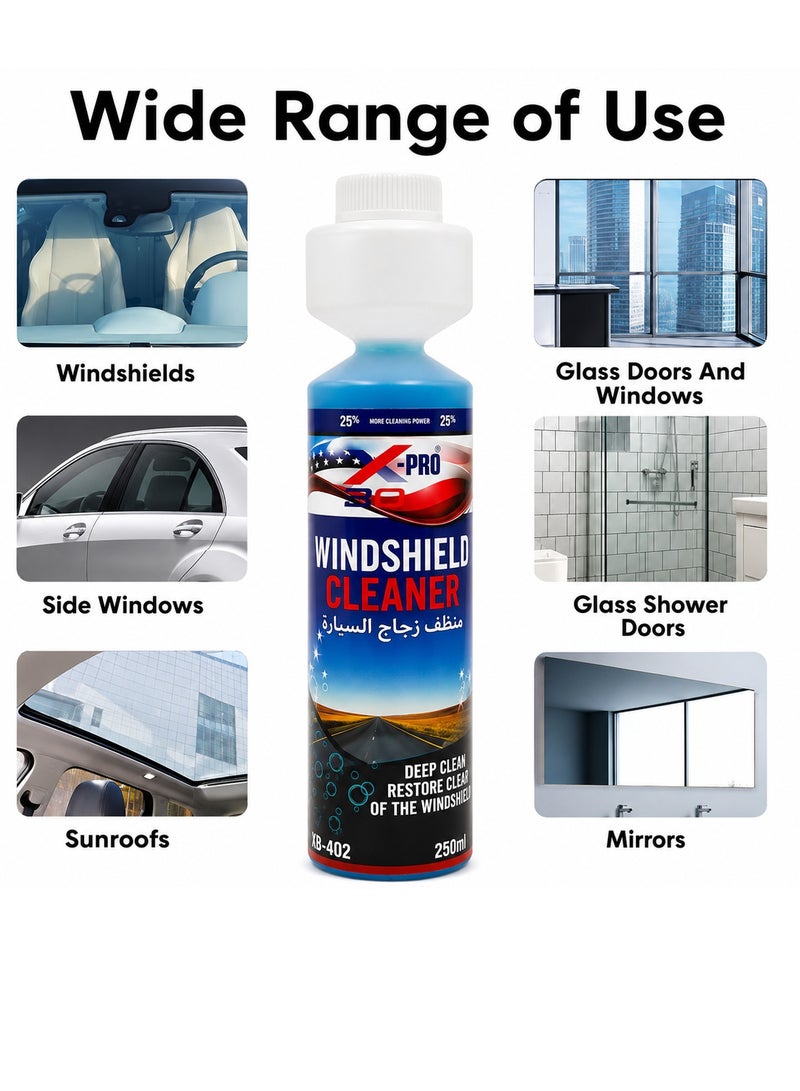 X Pro 99 X-PRO 99 Windshield Cleaner 250ml Glass Cleaning Liquid for Car Windshield Side Window Mirror Sunroof Shower Glass Door Oil Film Water Stain Remover Rain Mark Cleaner Bug Residue Cleaner Bird Dropping Remover Streak Free Formula - Image 2