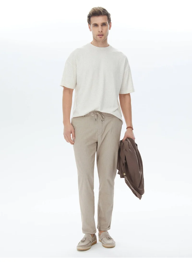 Kip Beige Jacquard Crew Neck Linen Blend T-Shirt