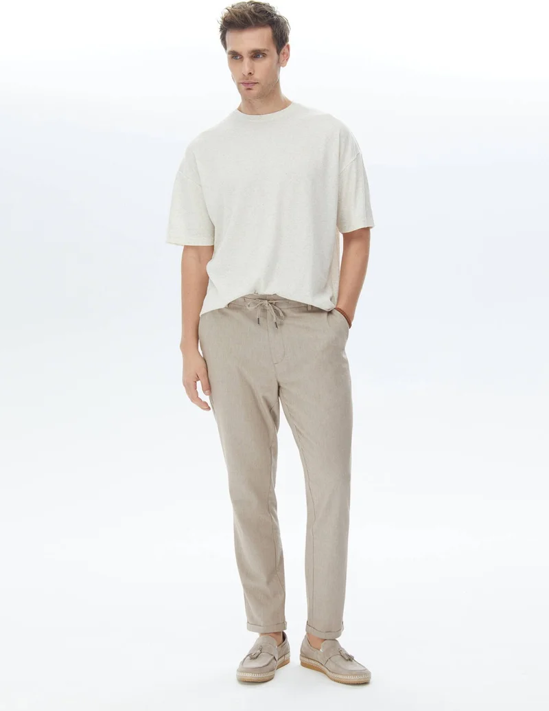 Kip Beige Jacquard Crew Neck Linen Blend T-Shirt