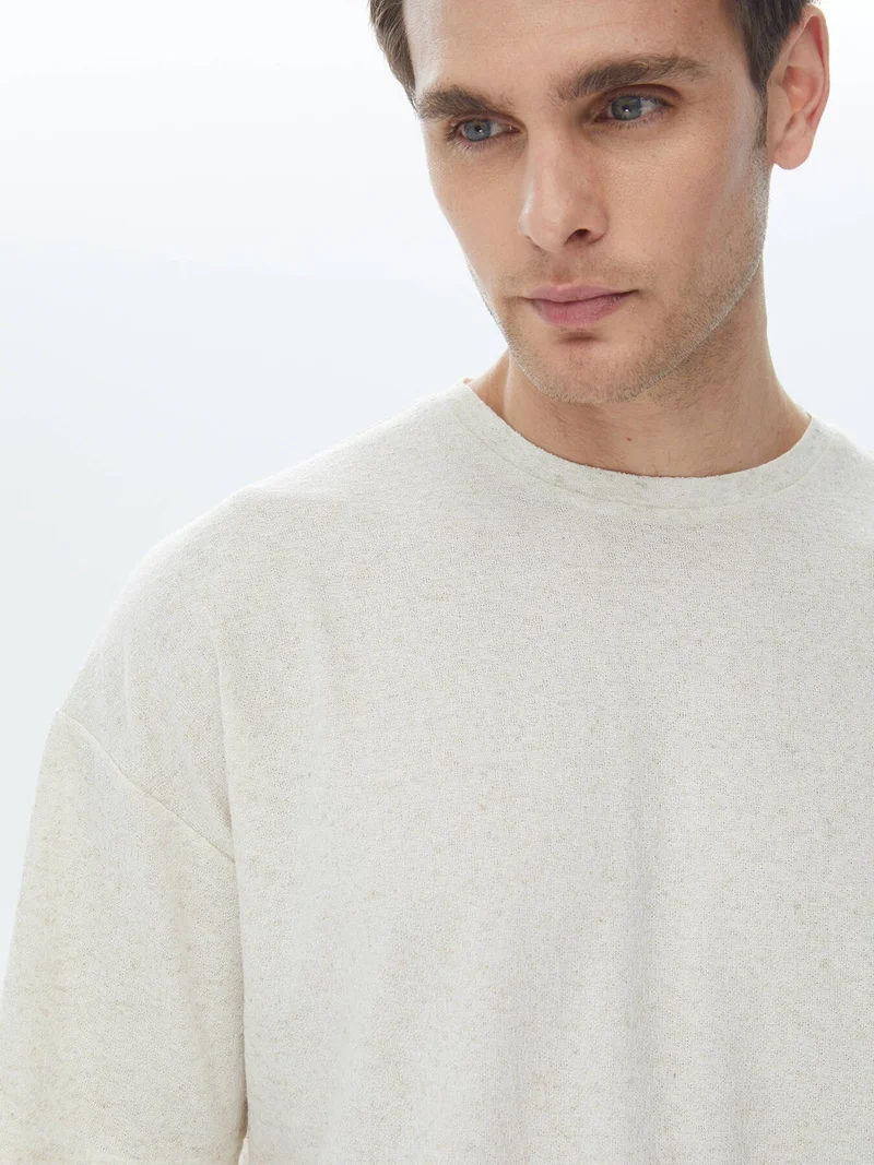 Kip Beige Jacquard Crew Neck Linen Blend T-Shirt