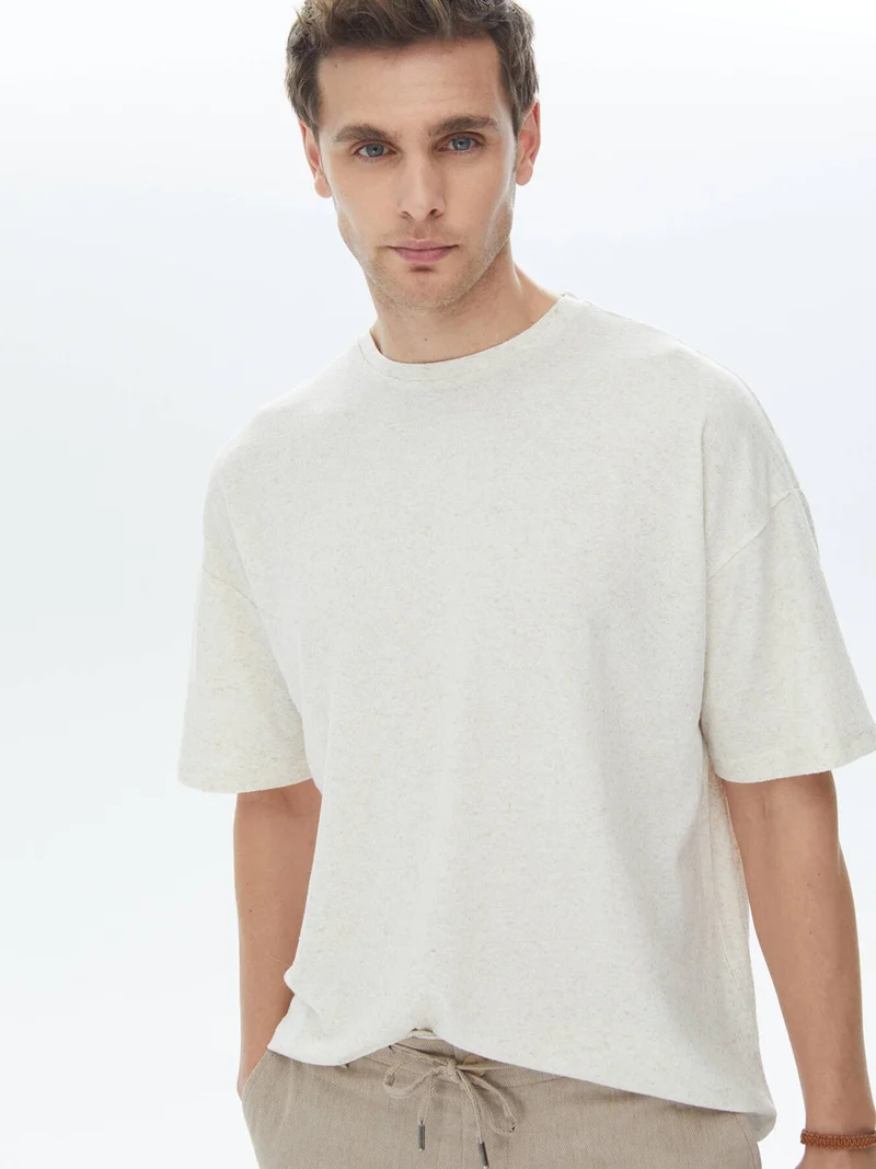 Kip Beige Jacquard Crew Neck Linen Blend T-Shirt