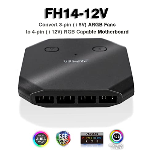 upHere 12V RGB to 5V ARGB PC Fan Hub with 6 PWM 4Pin Port,8 5V ARGB 3Pin Port,Support up to 6 4-Pin & 3-Pin Case Fans and Additional 2 ARGB Accessories Black FH14-12V(Only Support 12VRGB Motherboard) - Image 2
