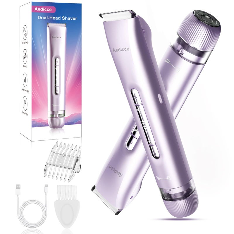 Aedicce Bikini Trimmer for Women 2 in 1, Dual Head Womens Electric Shaver, Electric Razors for Pubic Hair, IPX7 Waterproof Rechargeable Facial Hair Removal for Shaving Underarm Leg Arm Body Face, Purple - Image 1