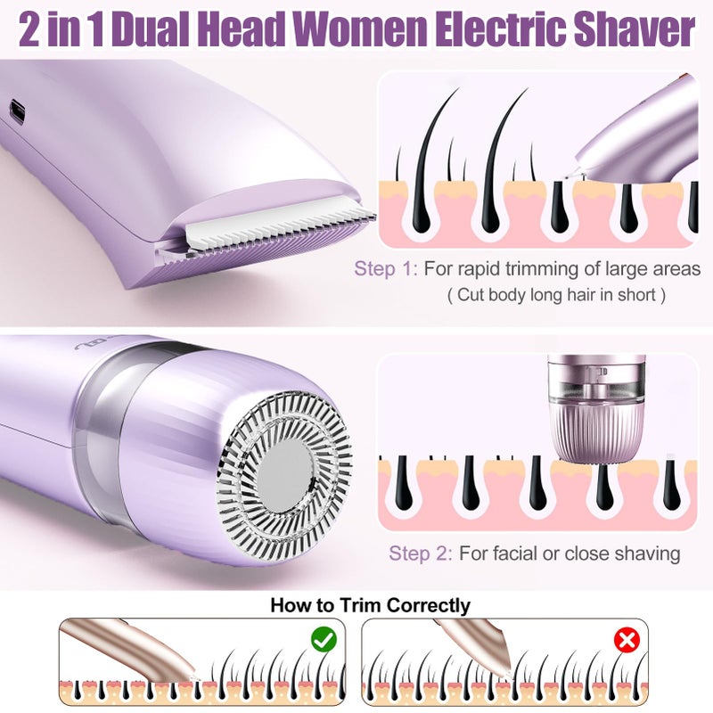Aedicce Bikini Trimmer for Women 2 in 1, Dual Head Womens Electric Shaver, Electric Razors for Pubic Hair, IPX7 Waterproof Rechargeable Facial Hair Removal for Shaving Underarm Leg Arm Body Face, Purple - Image 3