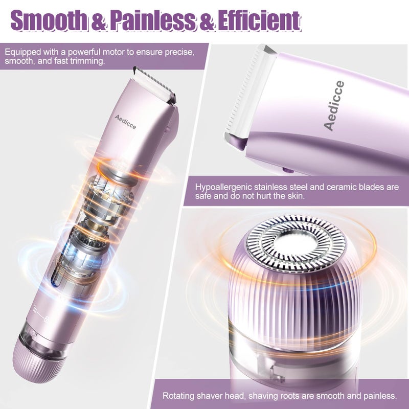 Aedicce Bikini Trimmer for Women 2 in 1, Dual Head Womens Electric Shaver, Electric Razors for Pubic Hair, IPX7 Waterproof Rechargeable Facial Hair Removal for Shaving Underarm Leg Arm Body Face, Purple - Image 4