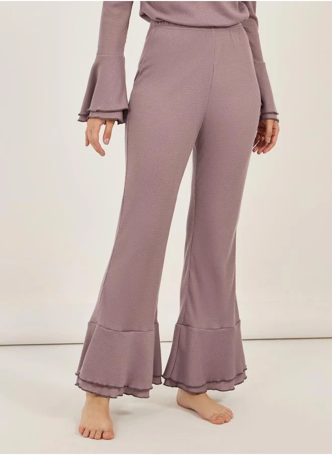ستايلي Rib Ruffle Collar Flared Sleeves Top and Flared Pyjama Set