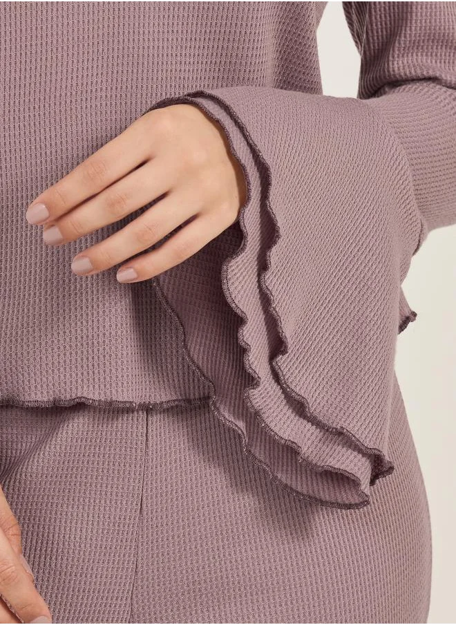 ستايلي Rib Ruffle Collar Flared Sleeves Top and Flared Pyjama Set