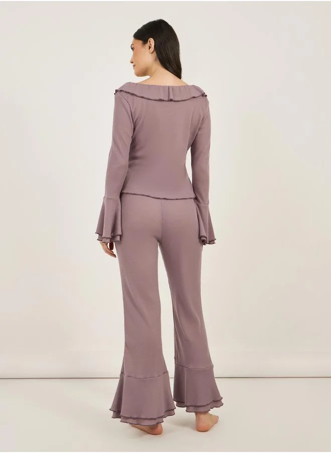 ستايلي Rib Ruffle Collar Flared Sleeves Top and Flared Pyjama Set