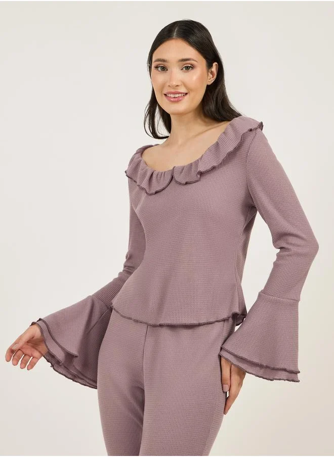 ستايلي Rib Ruffle Collar Flared Sleeves Top and Flared Pyjama Set