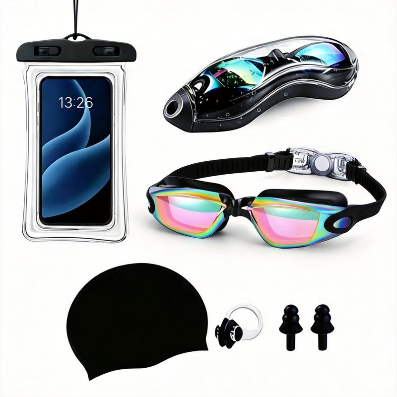 Ke Nai Da Adult Swimming Goggles Set with Electroplated Lens, Silicone Cap, Waterproof Phone Pouch, Nose Clip & Ear Plugs - 5 Piece Kit - Image 3