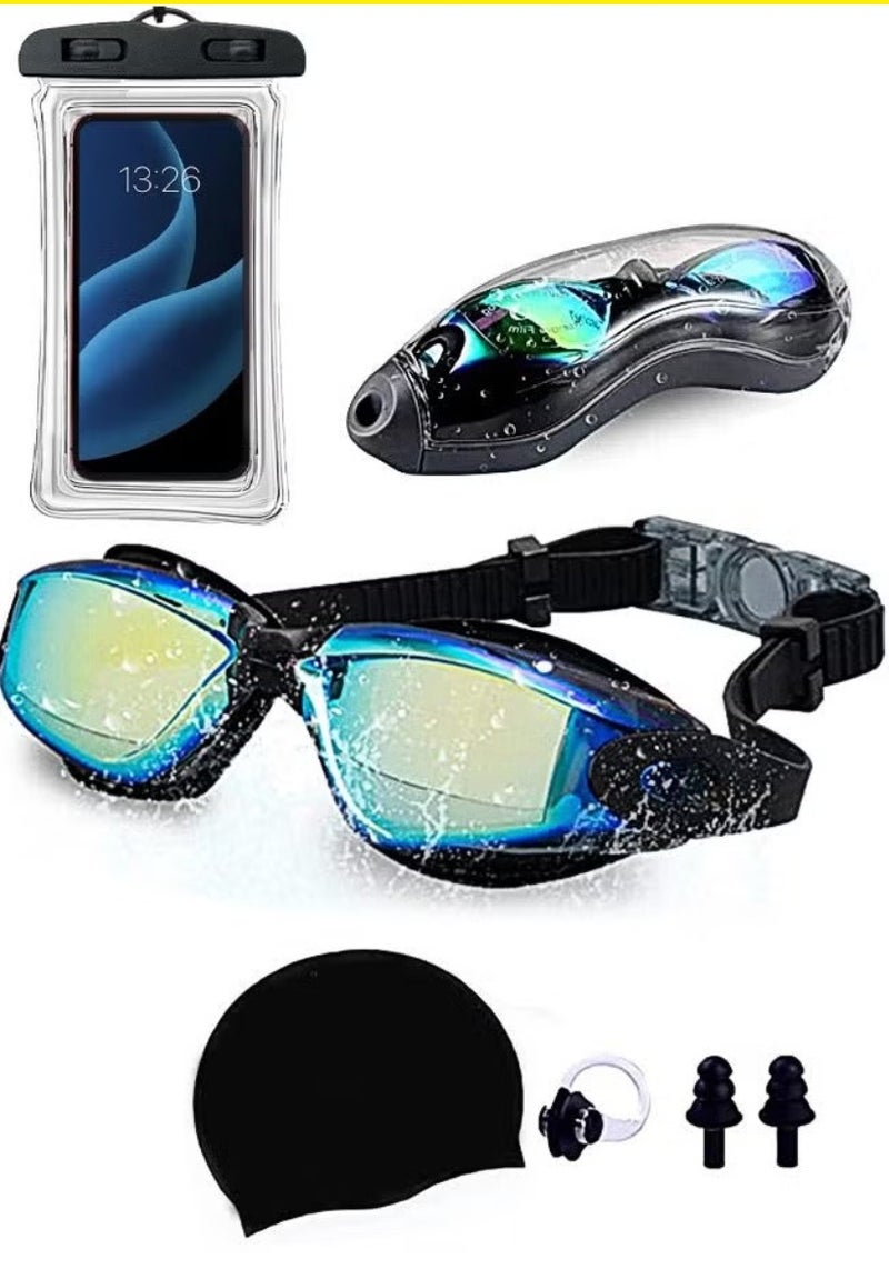Ke Nai Da Adult Swimming Goggles Set with Electroplated Lens, Silicone Cap, Waterproof Phone Pouch, Nose Clip & Ear Plugs - 5 Piece Kit - Image 1