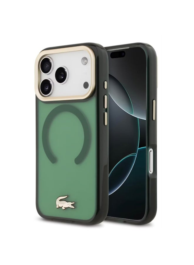 لاكوست جراب Lacoste MagSafe الشفاف المصنوع من مادة TPU والكمبيوتر الشخصي بلمسة نهائية غير لامعة لهاتف iPhone 17 Pro Max، حماية من السقوط، تصميم رفيع، تغليف مستدام، تصميم سهل التركيب - أخضر / ذهبي - Image 1