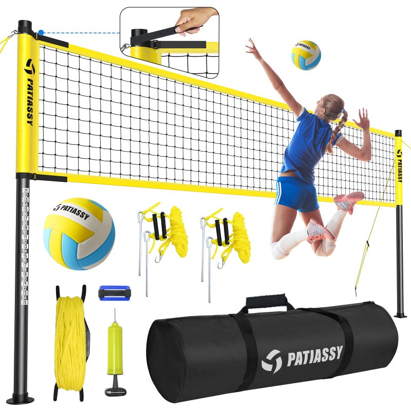 Patiassy Outdoor Portable Volleyball Net Set System for Backyard Quick Easy Setup Adjustable Height Steel Poles PU Volleyball Pump and Carrying Bag Yellow