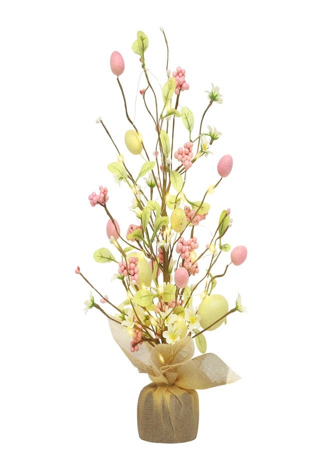 RoseCraft زينة عيد الفصح من روز كرافت، شجرة بيض عيد الفصح المضاءة مسبقًا مقاس 18 بوصة لتزيين الطاولة مع زينة رقيقة، لتزيين المنزل والحفلات وحفلات الزفاف والعطلات والربيع والصيف، أصفر/وردي. - Image 1