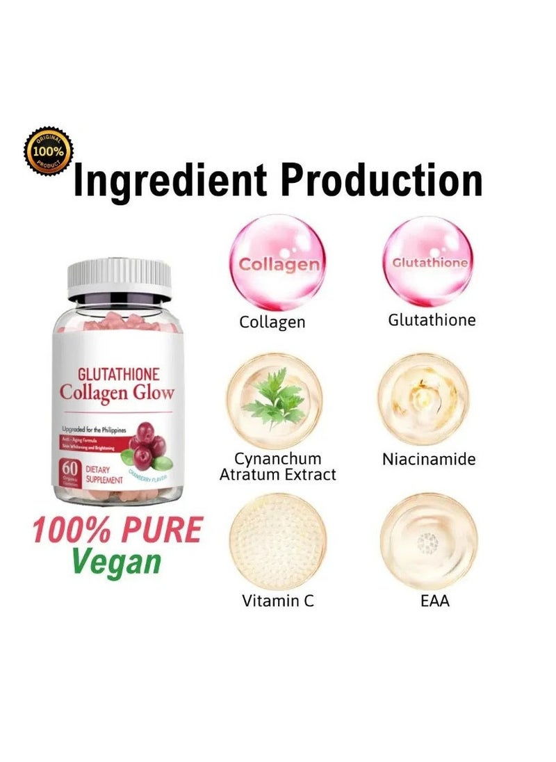 NATURE GLOW - Natural Glow Cranberry Collagen with Glutathione Gummies – Skin Whitening, Anti-Aging Superfoods with Vitamins – Boosts Immunity, Increases Energy, Moisturizes Skin – Removes Acne Marks, Dark Spots, Wrinkles – 60 Gummies - Image 1