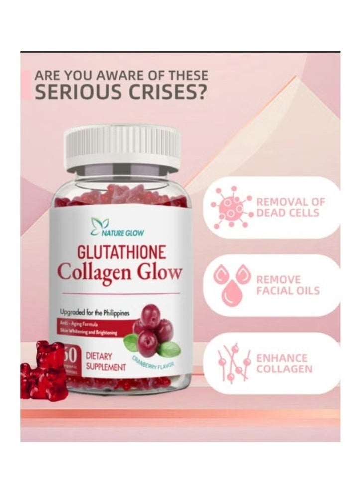 NATURE GLOW - Natural Glow Cranberry Collagen with Glutathione Gummies – Skin Whitening, Anti-Aging Superfoods with Vitamins – Boosts Immunity, Increases Energy, Moisturizes Skin – Removes Acne Marks, Dark Spots, Wrinkles – 60 Gummies - Image 1