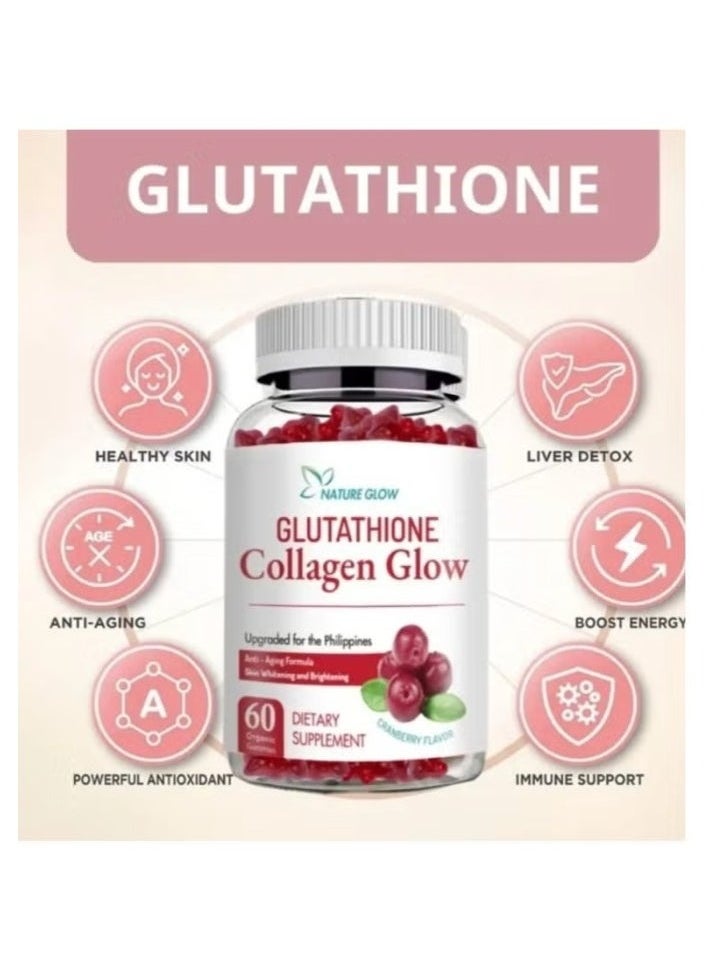NATURE GLOW - Natural Glow Cranberry Collagen with Glutathione Gummies – Skin Whitening, Anti-Aging Superfoods with Vitamins – Boosts Immunity, Increases Energy, Moisturizes Skin – Removes Acne Marks, Dark Spots, Wrinkles – 60 Gummies - Image 1